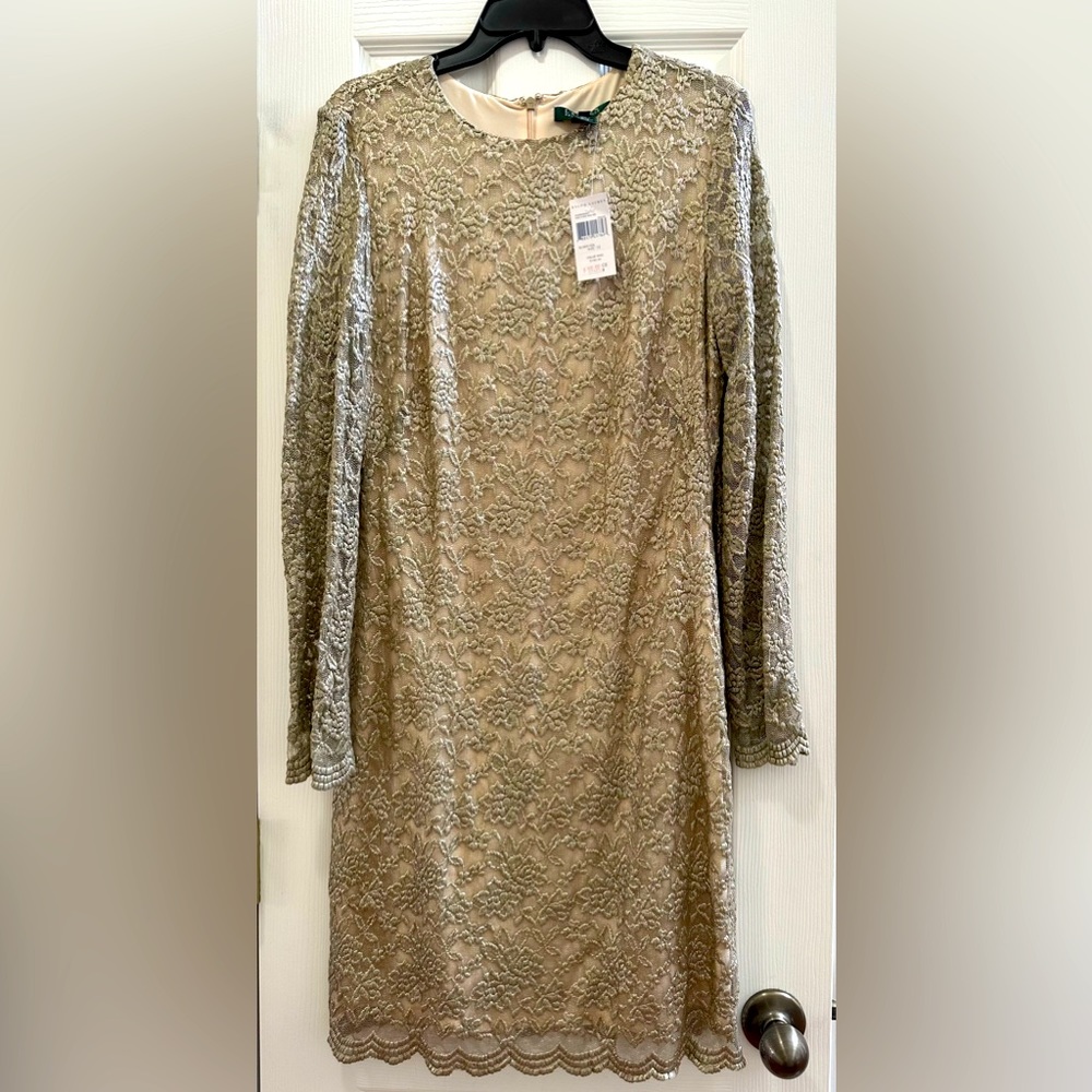 Lauren Ralph Lauren Gold Lace Long-Sleeve Dress